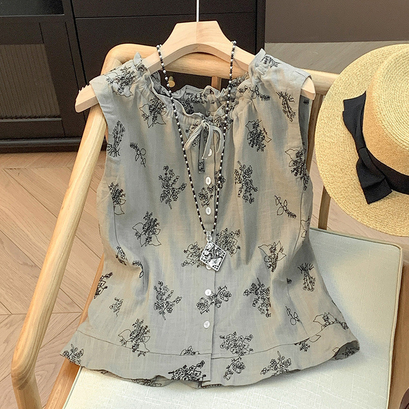[Roupas femininas da moda] Roupas femininas francesas de viagem, verão, chuva, orvalho, linho, sentido artístico, planta