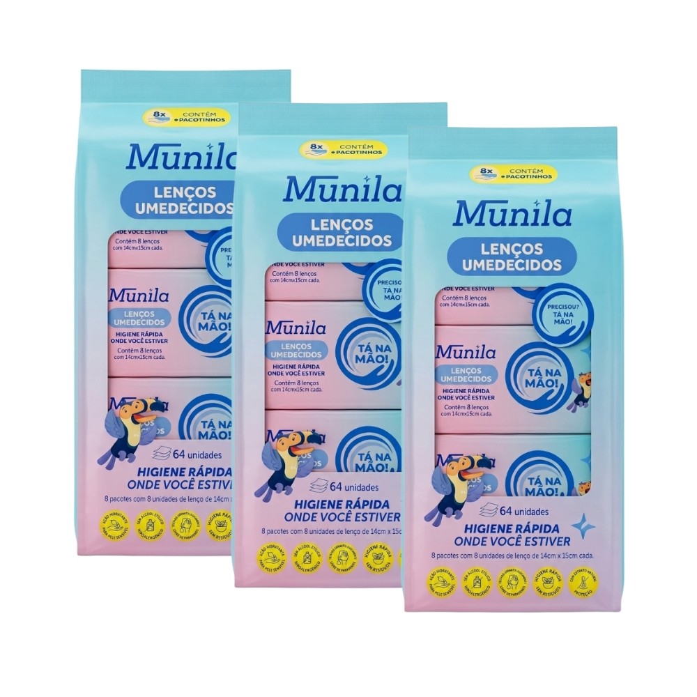 Kit 192 Lenços Umedecido Higiene Mão Rosto Sem Álcool Munila