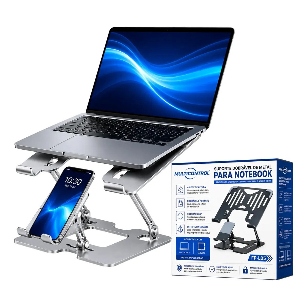Suporte De Alumínio Para Notebook e Celular Ajustável Ergonômico Portátil 2 Em 1 Dobrável