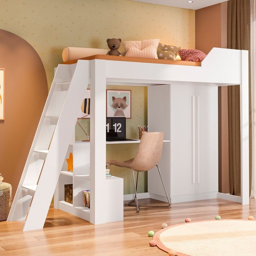 Cama Alta Beliche Office Infantil e Juvenil com Escrivaninha e Roupeiro Vivace Branco