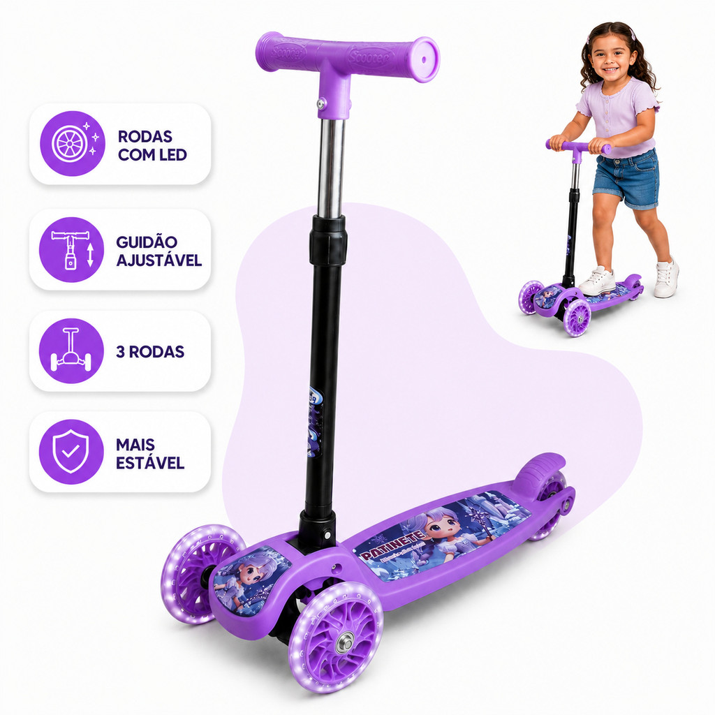 Patinete Infantil 3 Rodas Gel Dobrável Com Guidão Ajustável Com LED Menino Menina Kizumba Roxo