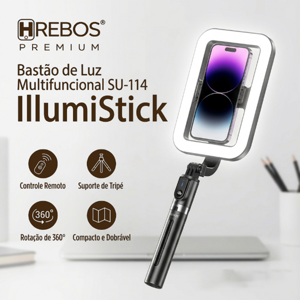 HREBOS Bastão de Selfie 3-em-1 Dobrável com Bluetooth para Lives e Vlogs