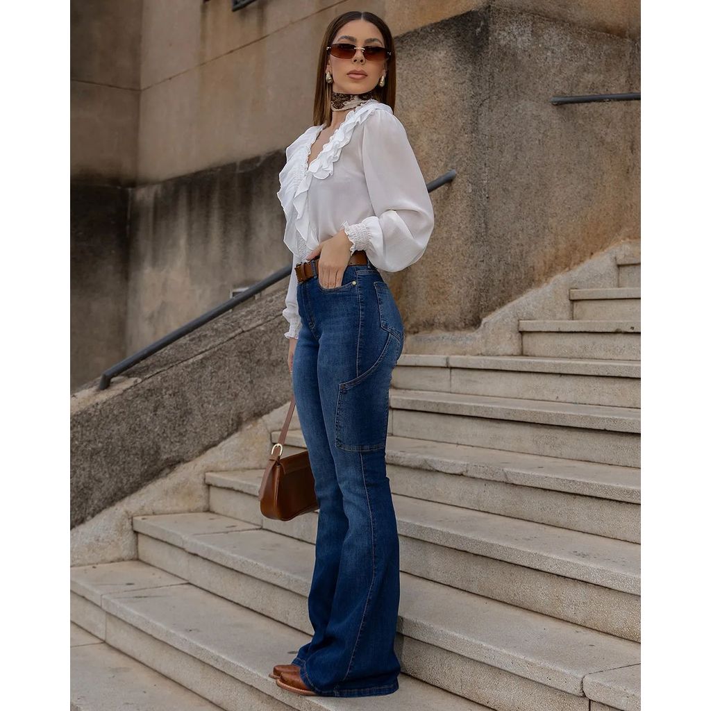 Calça Jeans Flare Fem com Bolso Celular Sky Escuro
