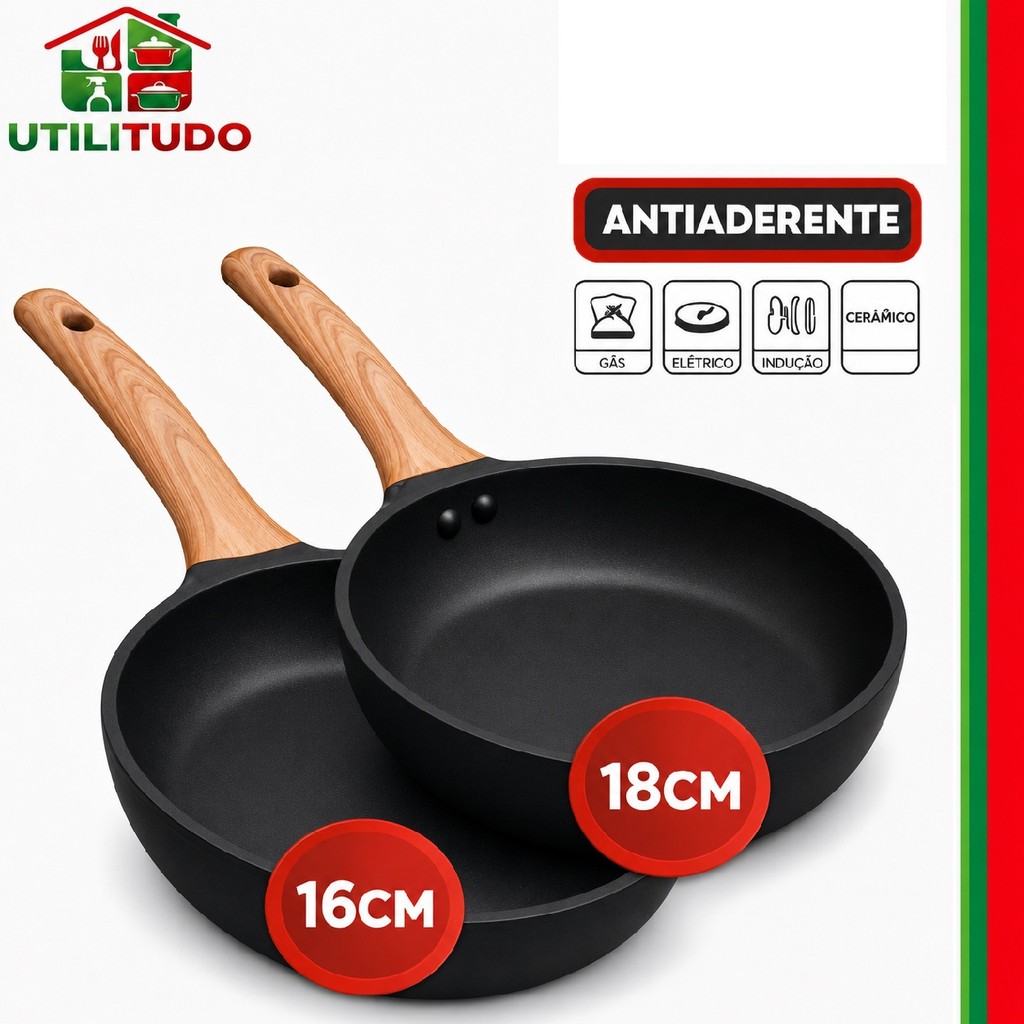 2/1 Frigideira Indução 16cm e 18cm Granito Antiaderente em Alumínio Revestimento Cerâmico Premium Cabo Madeira