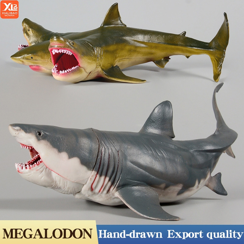 Ocean Overlord Tubarão Megalodonte de Três Cabeças Grande Branco Modelo Articulado - Modelo de Animal Marinho Brinquedo 