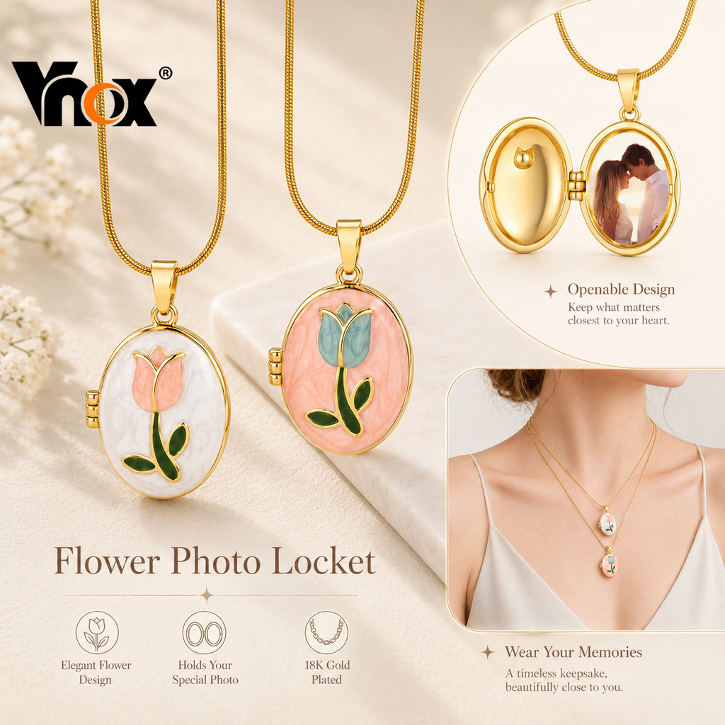 Vnox Moldura De Foto Personalizada Presente Colar Medalhão Banhado A Ouro De Aço Inoxidável Para Mulheres Com Pingente D