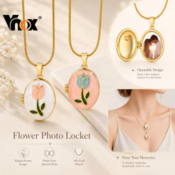 Vnox Moldura De Foto Personalizada Presente Colar Medalhão Banhado A Ouro De Aço Inoxidável Para Mulheres Com Pingente D