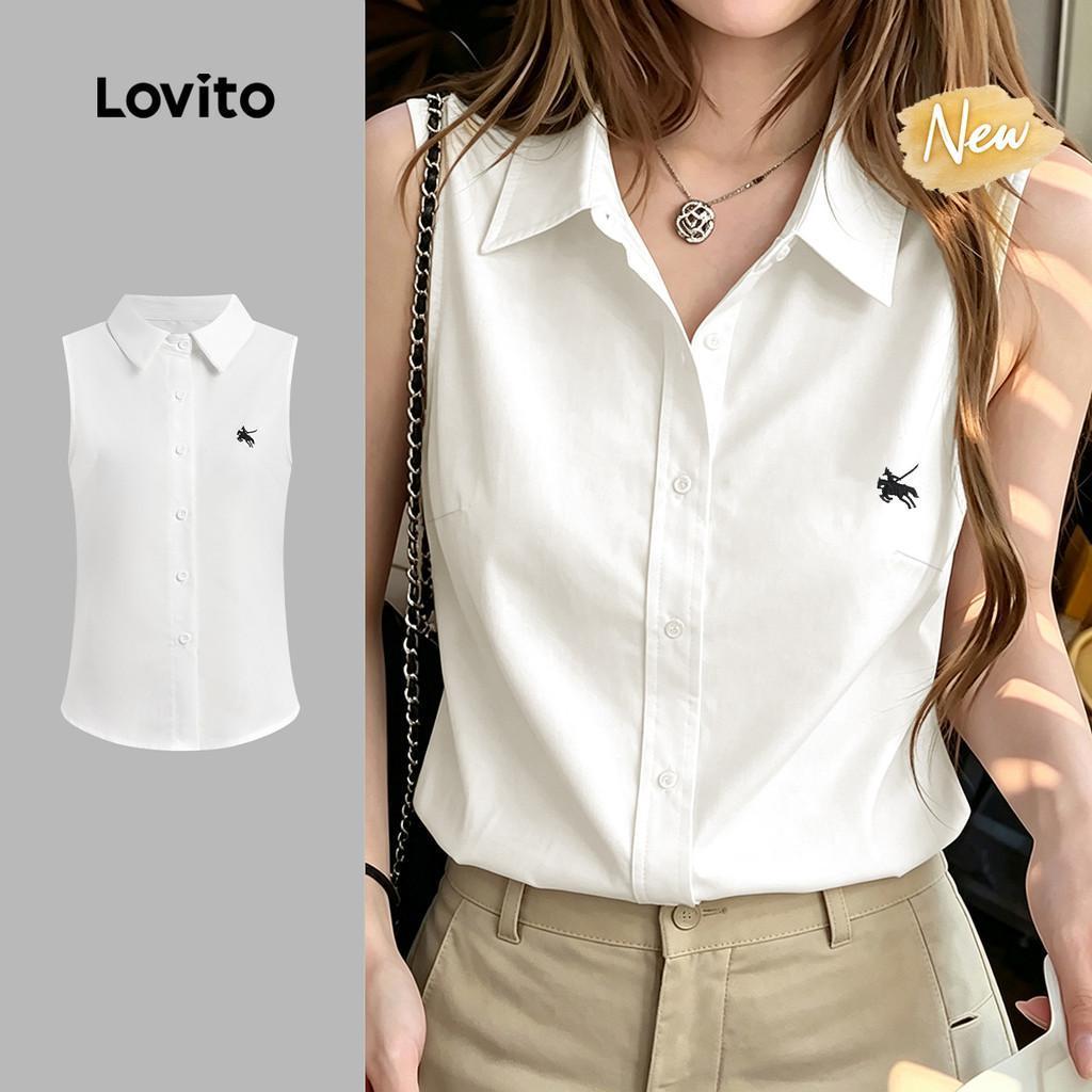 (New Arrival) Lovito Top Feminino Branco Elegante com Padrão Simples e Botões pr
