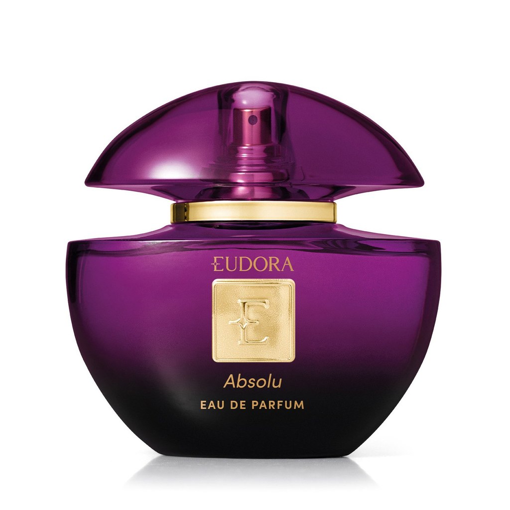Frasco de perfume Eudora Absolu Eau de Parfum de 75ml com vidro roxo degradê, tampa arredondada e placa dourada com a letra E centralizada
