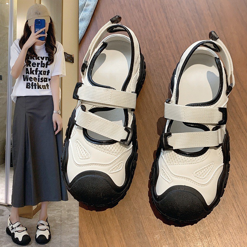 Sapatos femininos finos respiráveis malha de Velcro oco papai sapatos femininos de sola grossa sapatos brancos com saia