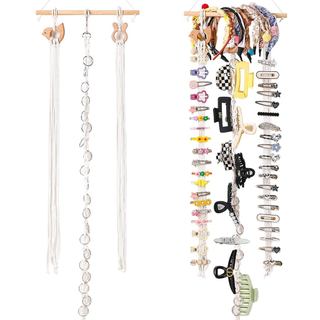 Organizador de Presilhas de Cabelo em Macramê com Gancho Giratório e 20 Anéis de Metal, Suporte de Presilhas de Cabelo E