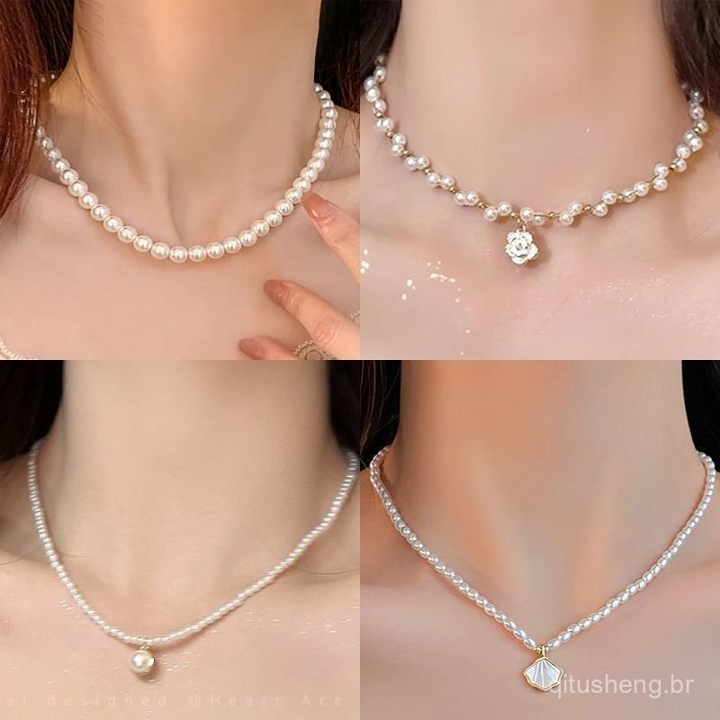 Colar de pérolas, design simples de luxo leve francês, gargantilha elegante, colar de pérolas para mulheres, colar de pé
