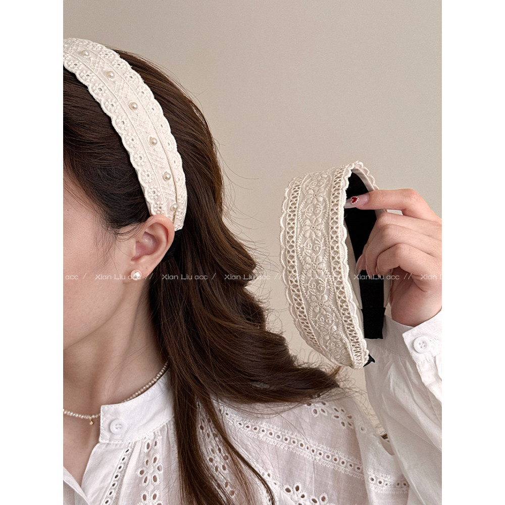 Novo High-End bege flor renda pérola bandana de aba larga feminino pressionado lavagem de cabelo rosto Hairpin moda