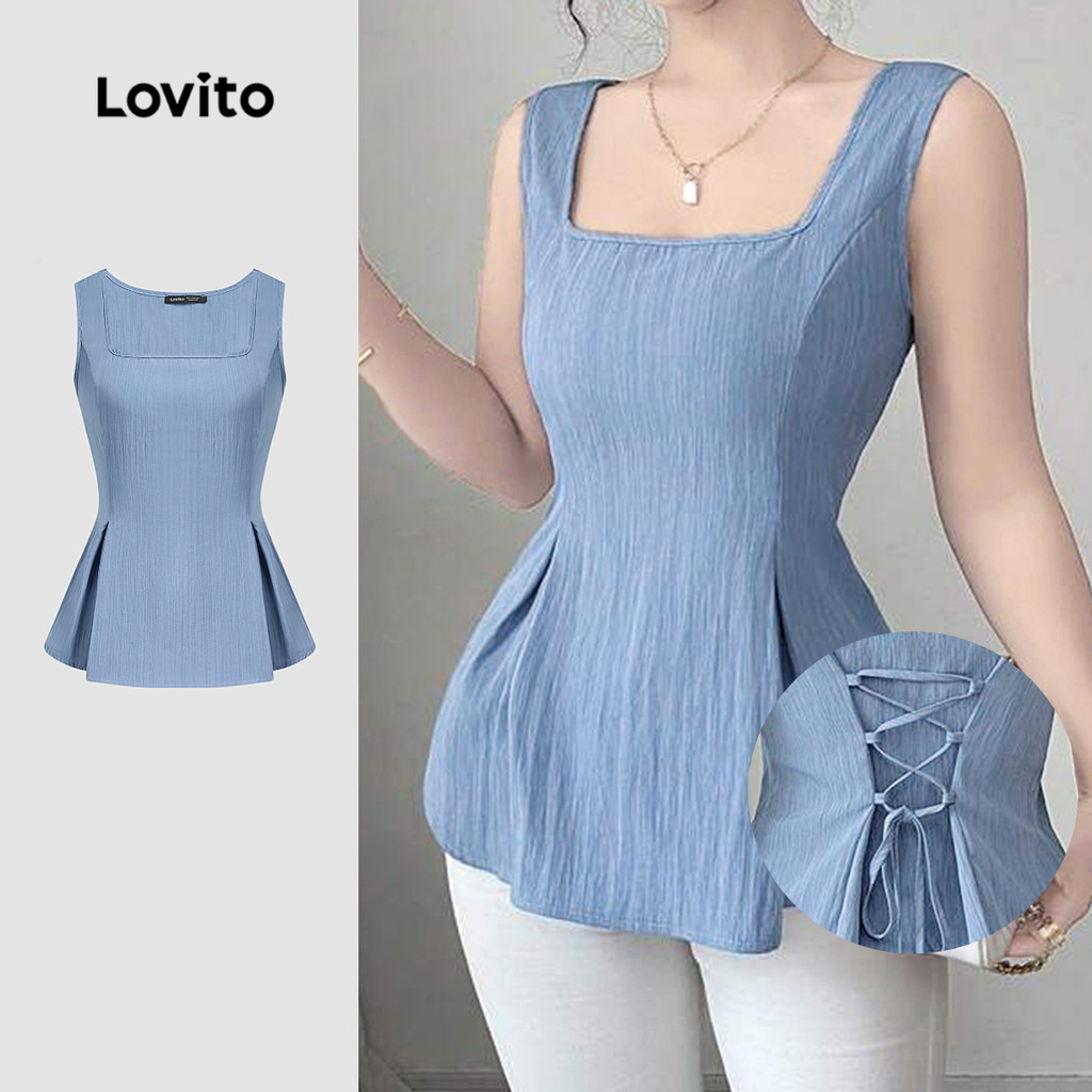 Lovito Elegante Regata Plissada Primavera/verão Azul Para Mulheres L134ED758