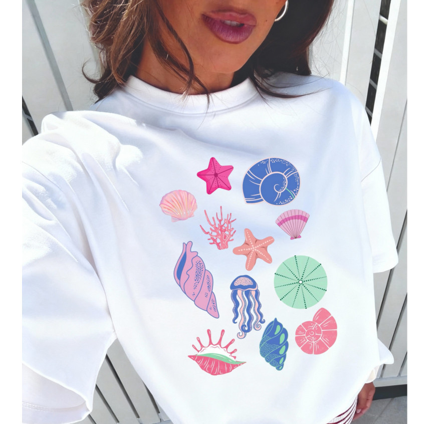 Camiseta Camisa Blusa T-shirt Moda Feminina Praianas Tropicais de Verao 100%Algodão Estilosas Confortavel