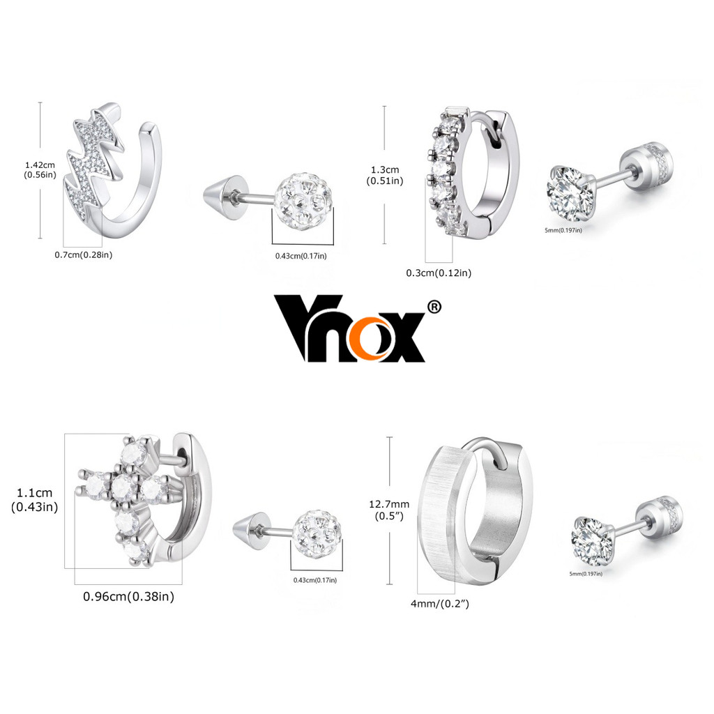 Vnox Trendy Men Women 2 Pares De Brincos , De Zircônia Antialérgicos De Aço Inoxidável Empilháveis , Orelha Unissex