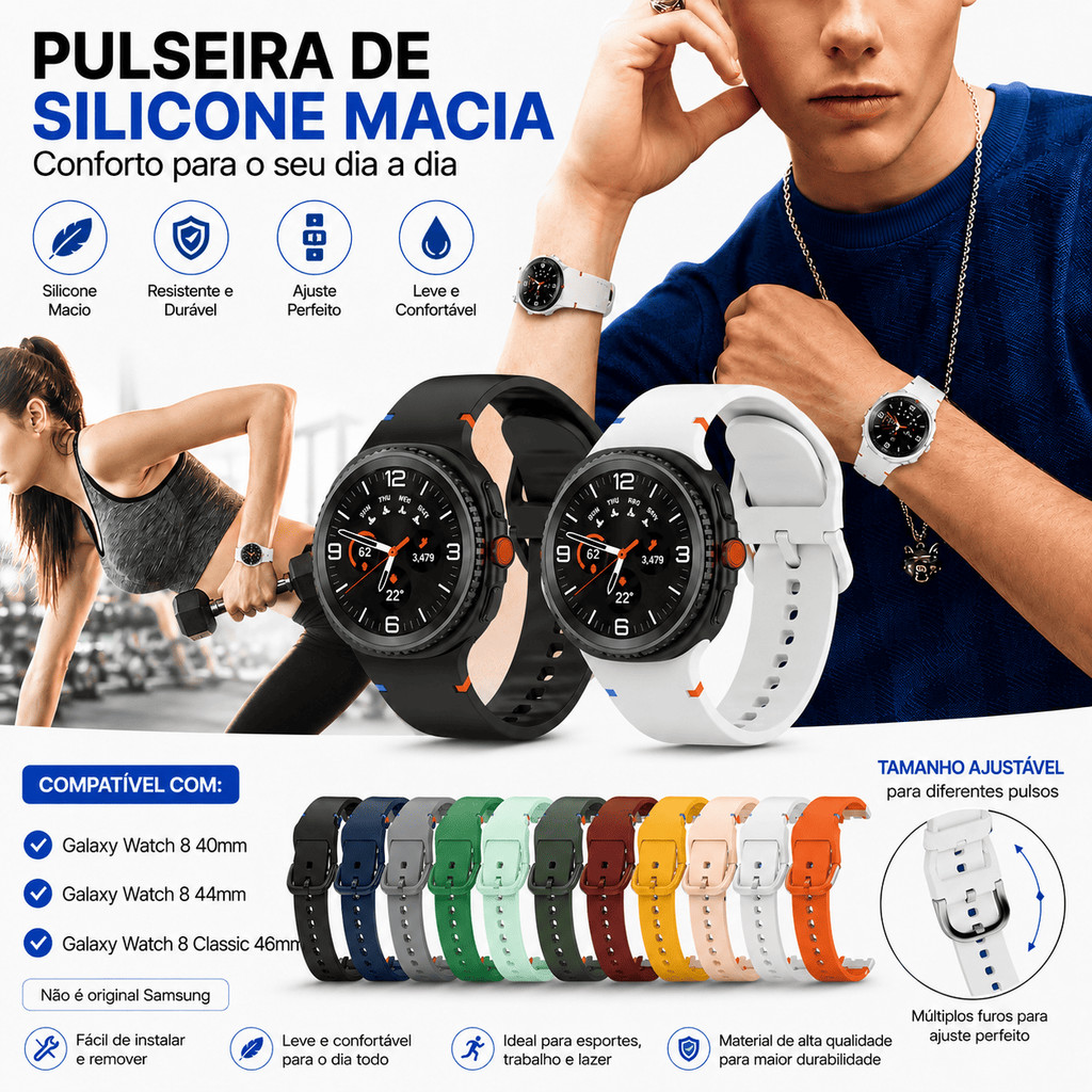 Pulseira Macia de Silicone Para Samsung Galaxy Watch 8 / 8 Classic 40mm 44mm 46m