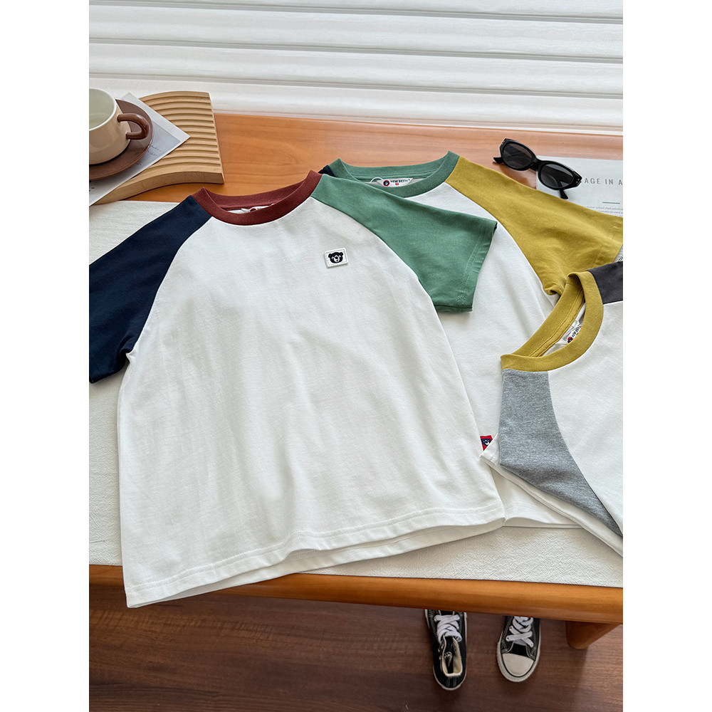 Meninos camiseta de manga curta puro algodão verão 2026 novo estilo crianças moda cor-bloqueio meia manga médio grandes 