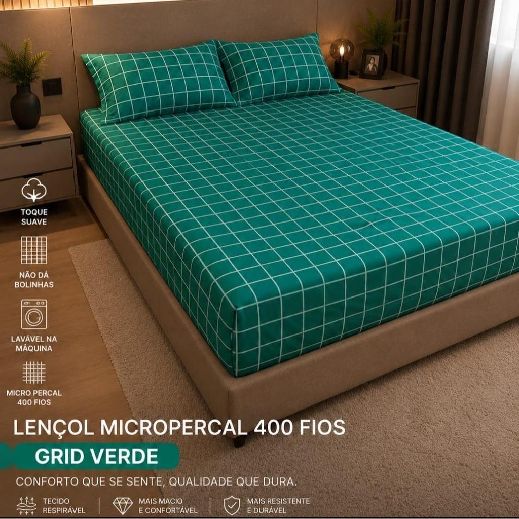 Jogo de Lençol Casal Micropercal - Solteiro ao King -2, 3 e 4 Pçs com Elástico Toque Macio Estampa Grid