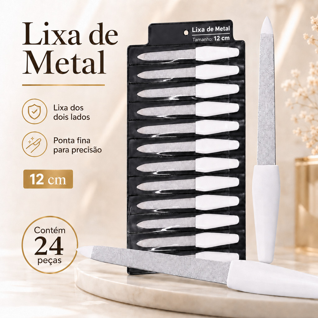 Kit Lixa de Unha Metálica 12cm Profissional Manicure Pedicure Dupla Face Resistente