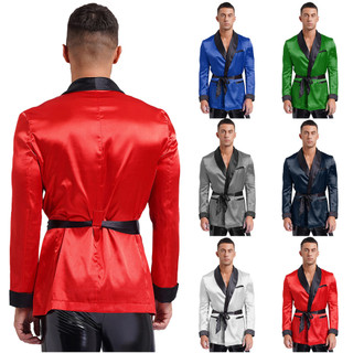 inhzoy Masculino Contraste Fumar Jaqueta Robe Com Cinto Lapela Manga Longa Bolsos Laterais Cetim Quimono Roupão Nightwea