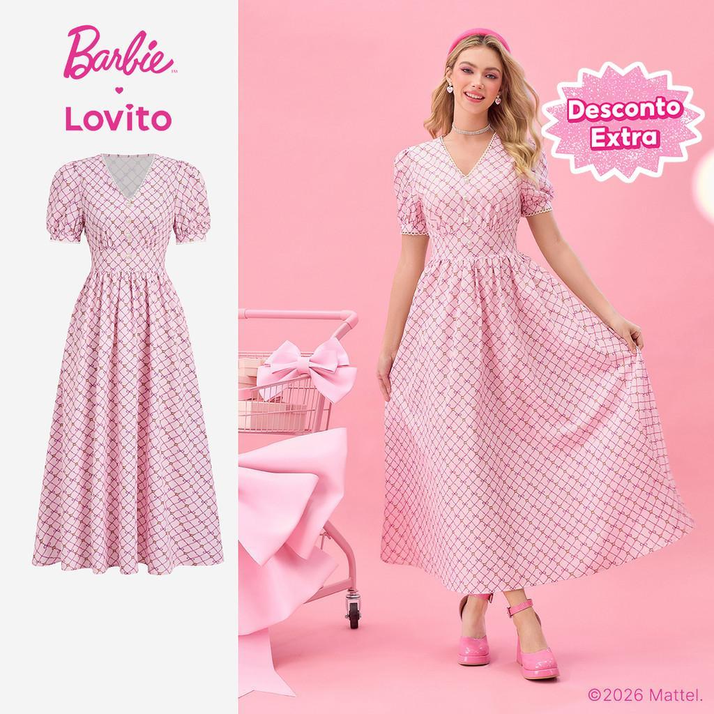 Barbie™ X Lovito Nacional Vestido Feminino Casual Babados Gola e Bainha Primaver