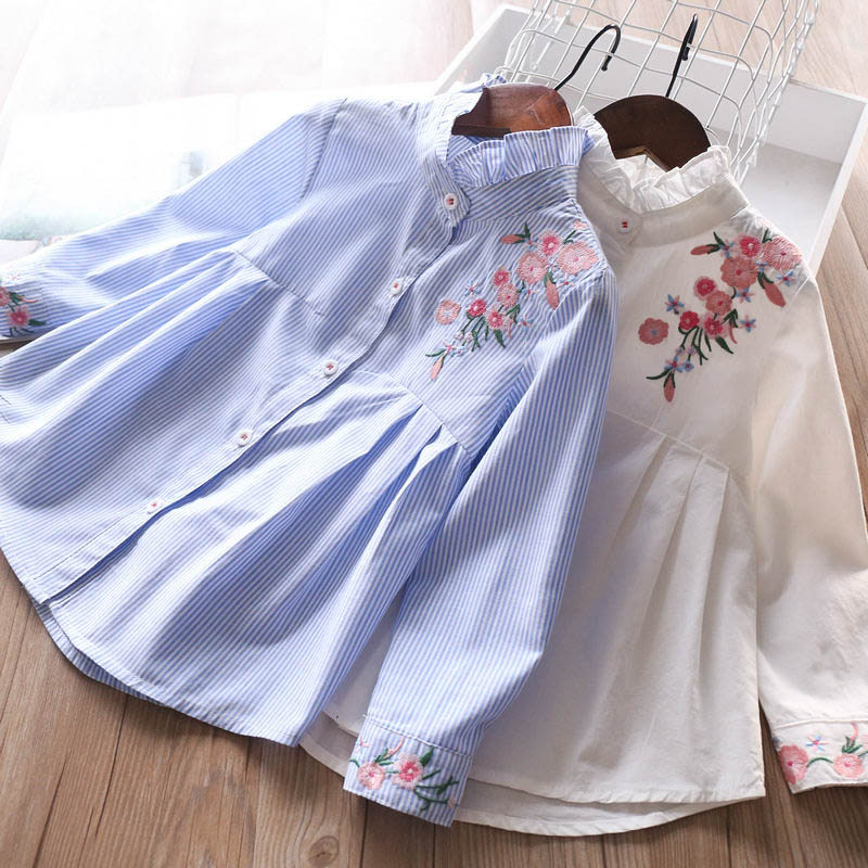 Meninas listrado fungo borda camisa primavera novo estilo comércio exterior crianças bebê puro algodão bordado flor mang