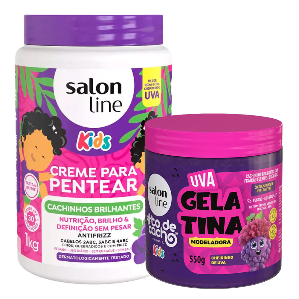 Kit Salon Line Kids Creme Pentear Cachinhos Cheirinho Uva 1kg + Gelatina Modelad