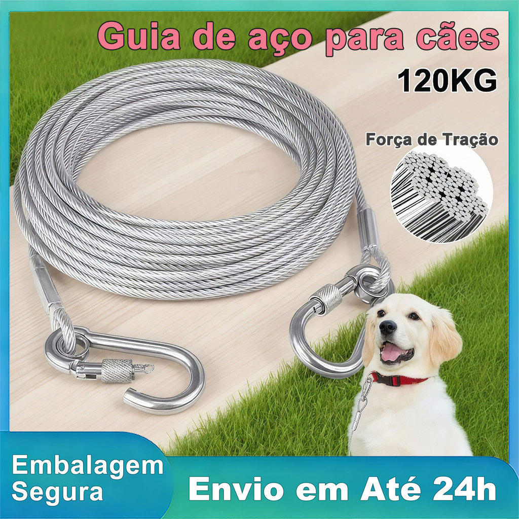 Guia para Cães com Cabo de Aço Reforçado 3mm 3/5/10m para Passeio e Amarração Pet
