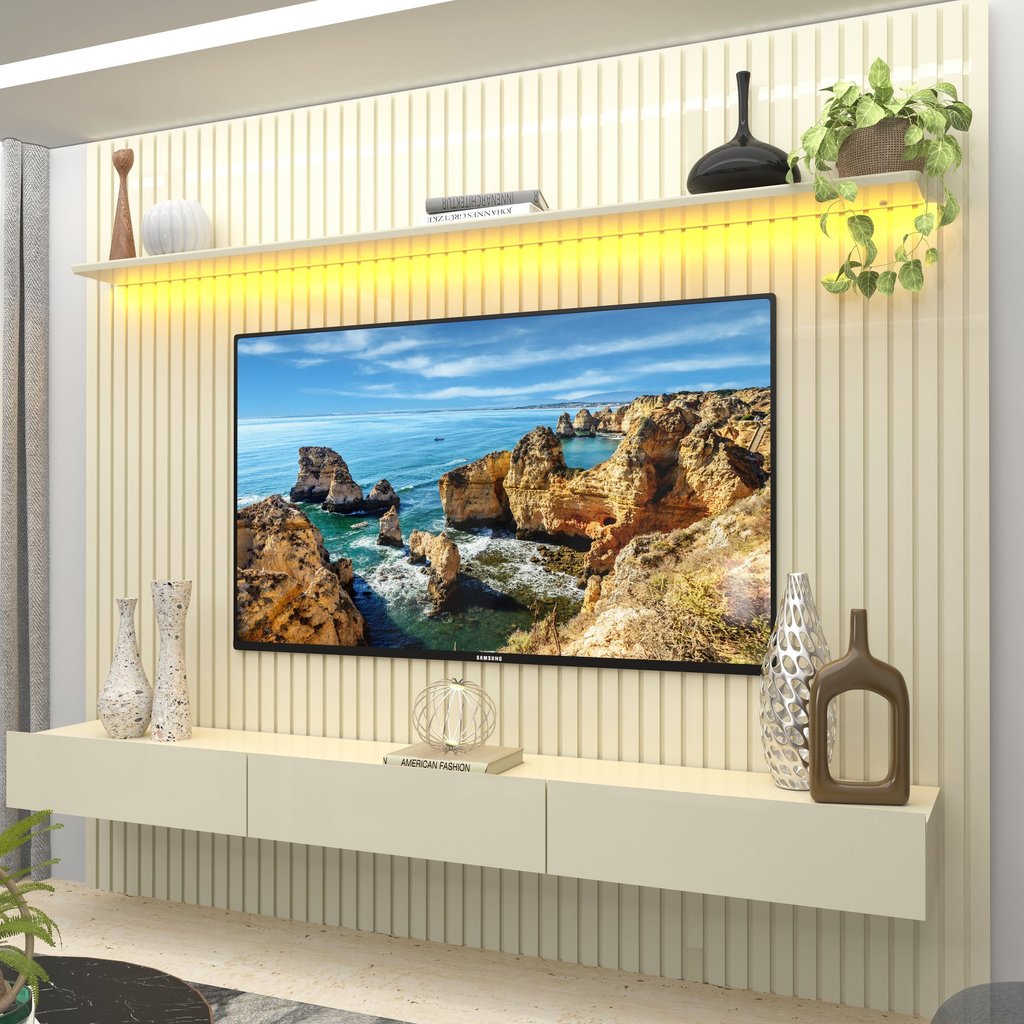 Rack com Painel para TV até 90 Polegadas 100% MDF Ripado com LED e 3 Gavetas 250CMX228,8cm Nobre Branco Off White
