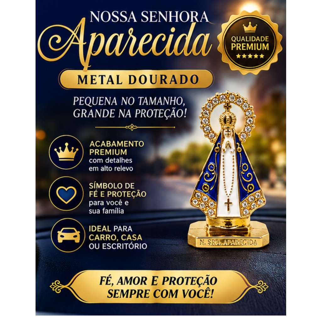 Nossa Senhora Aparecida  Santinha  Metal Dourado Miniatura 5cm Carro  Base Colante Strass Presente Religioso