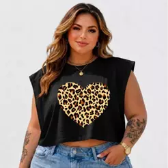 Cropped Feminino Plus Size Oversized Regata Coração Casual Verão 100% Algodão Tendência