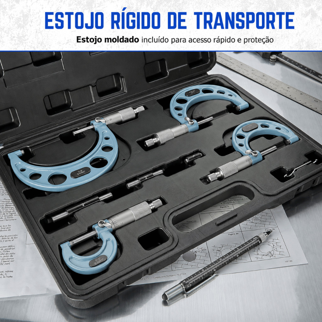 Jogo de Micrômetros Externos 0-4" 4 Peças Precisão 0.001" com Estojo