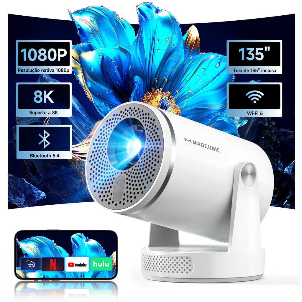 Magcubic HY320Pro Mini Projetor Android 14 400ANSI Foco Automático Compatível com 4K WIFI 6 BT5.4 Nativo 1080P