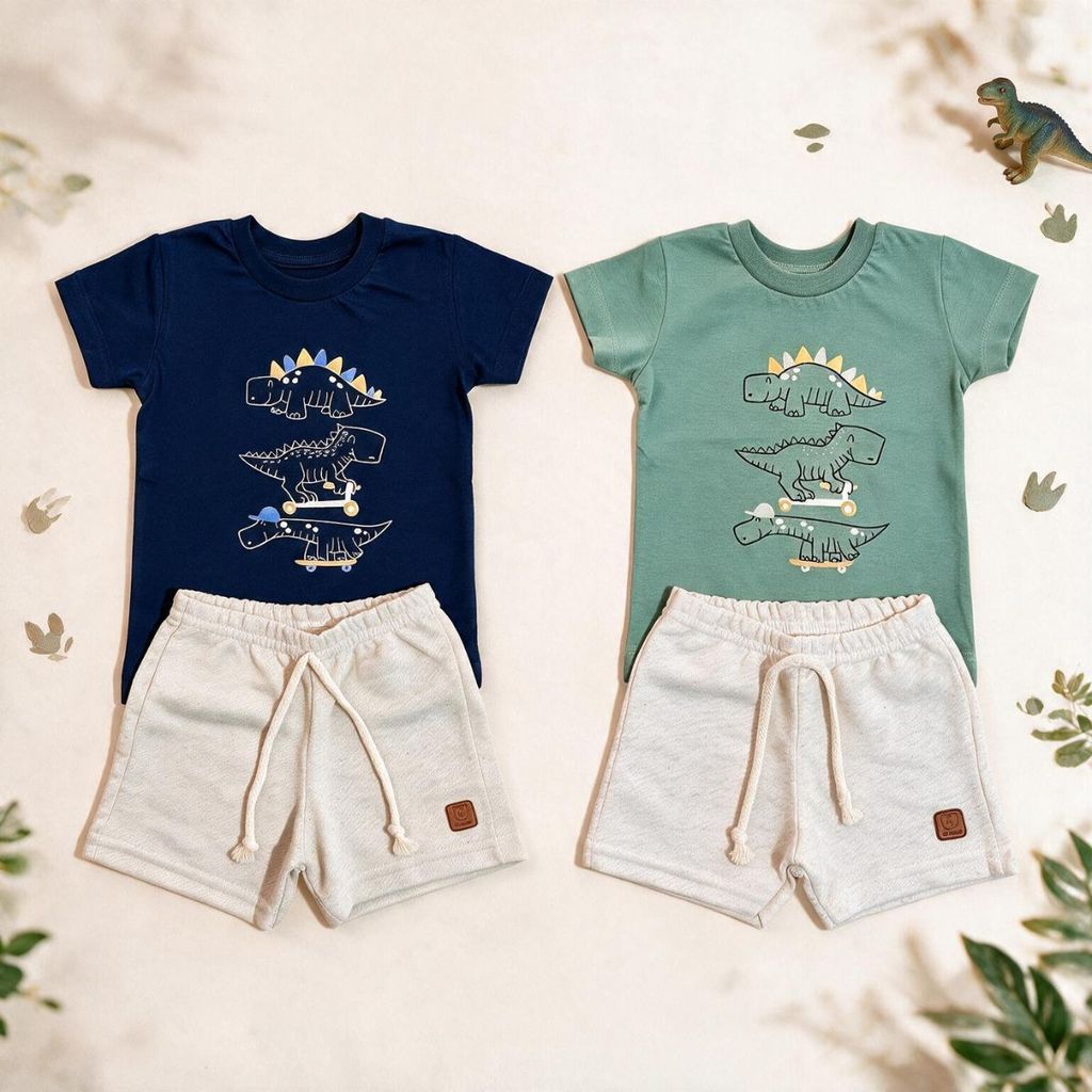 Kit Roupa Infantil Menino Dinossauro Conjunto Camiseta Bermuda Verão Conjunto Verão Camiseta Algodão