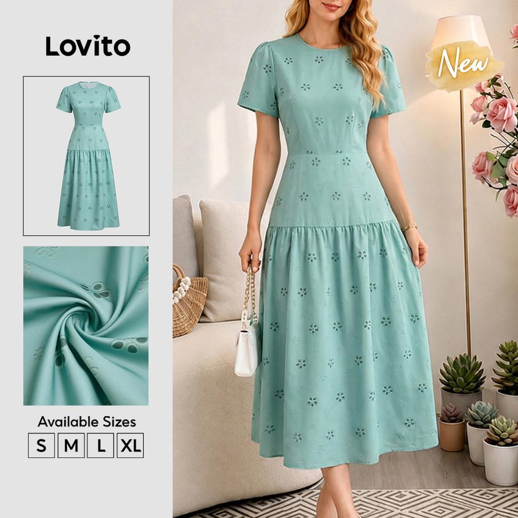 (New Arrival) Lovito Vestido Feminino Verdeclaro Floral Casual Com Zíper Linha Estruturada Manga Longa E Babados Para Verão E Férias DRB39BR044