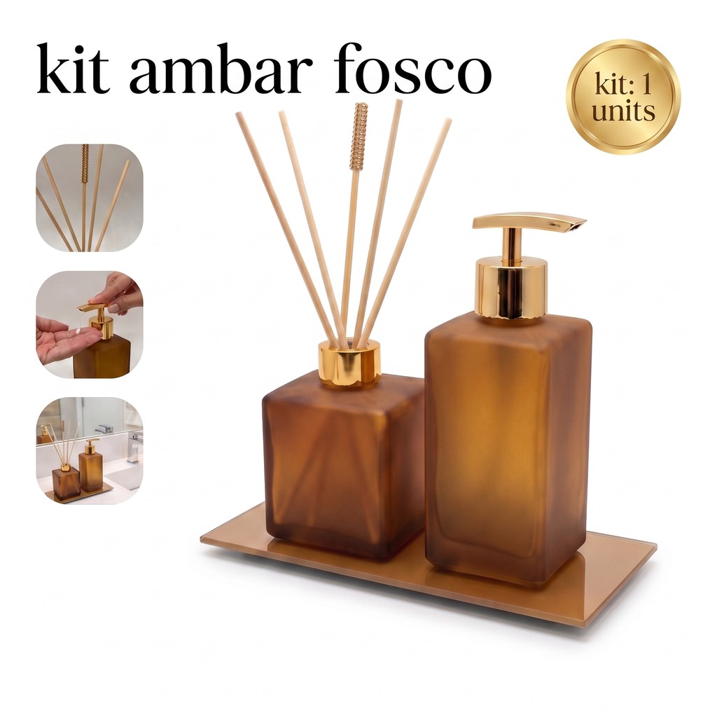 Kit Lavabo Ambar Fosco 3 Peças Difusor com Varetas + Dispenser Sabonete Líquido + Bandeja Vidro Aromatizador Decoração