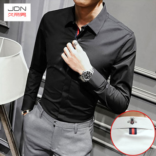 Camisa preta masculina de manga comprida Slim-fit versão coreana na moda bonito camisa masculina botão escondido britâni