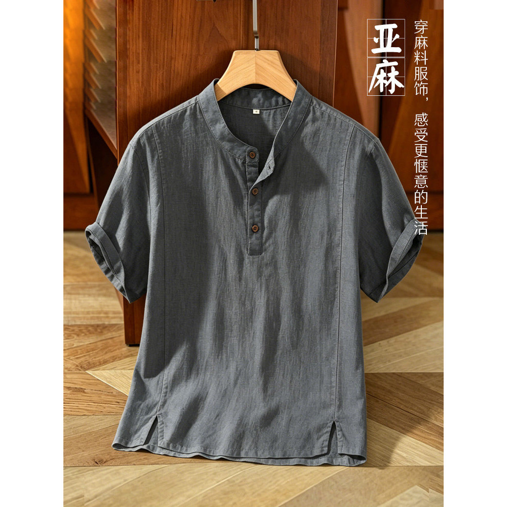 High-End verão camisa de linho fino masculino de manga curta camiseta Casual estilo chinês gola alta camisa masculina al