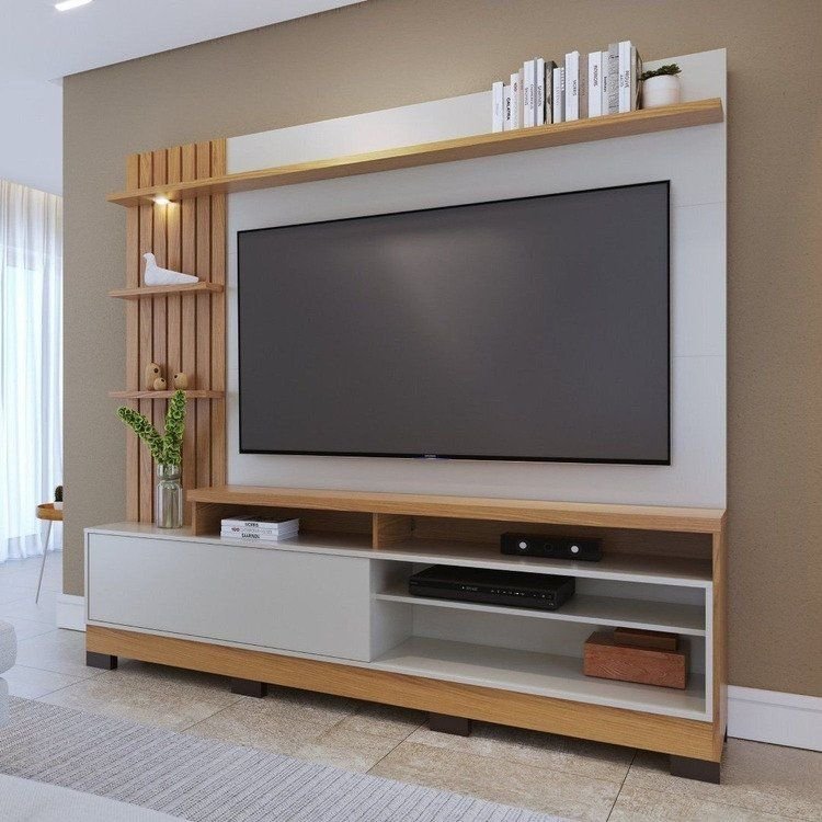 Home Theater Ripado Maceió para TV 65 Polegadas com LED 1 Porta 4 Nichos com Pés Off White Freijó