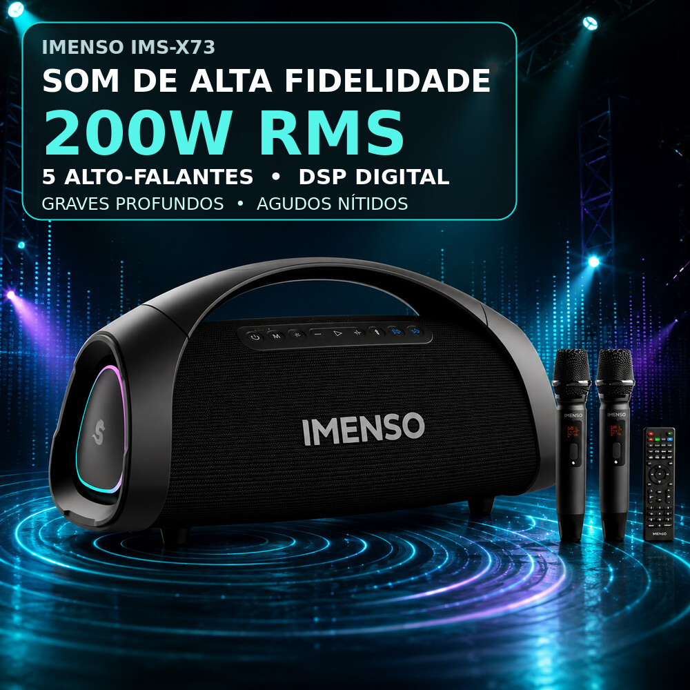 Caixa de Som Bluetooth Amplificada Imenso X73 200W RMS 2 Microfones Sem Fio Karaokê RGB Portátil 30000mAh IPX6 Preta