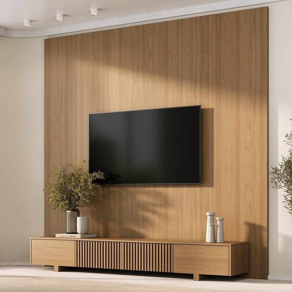 Rack Ripado com Painel TV até 86 Polegadas Planejado 240x250cm Aruá CabeCasa MadeiraOriginals Marrom Jatobá Jatoba