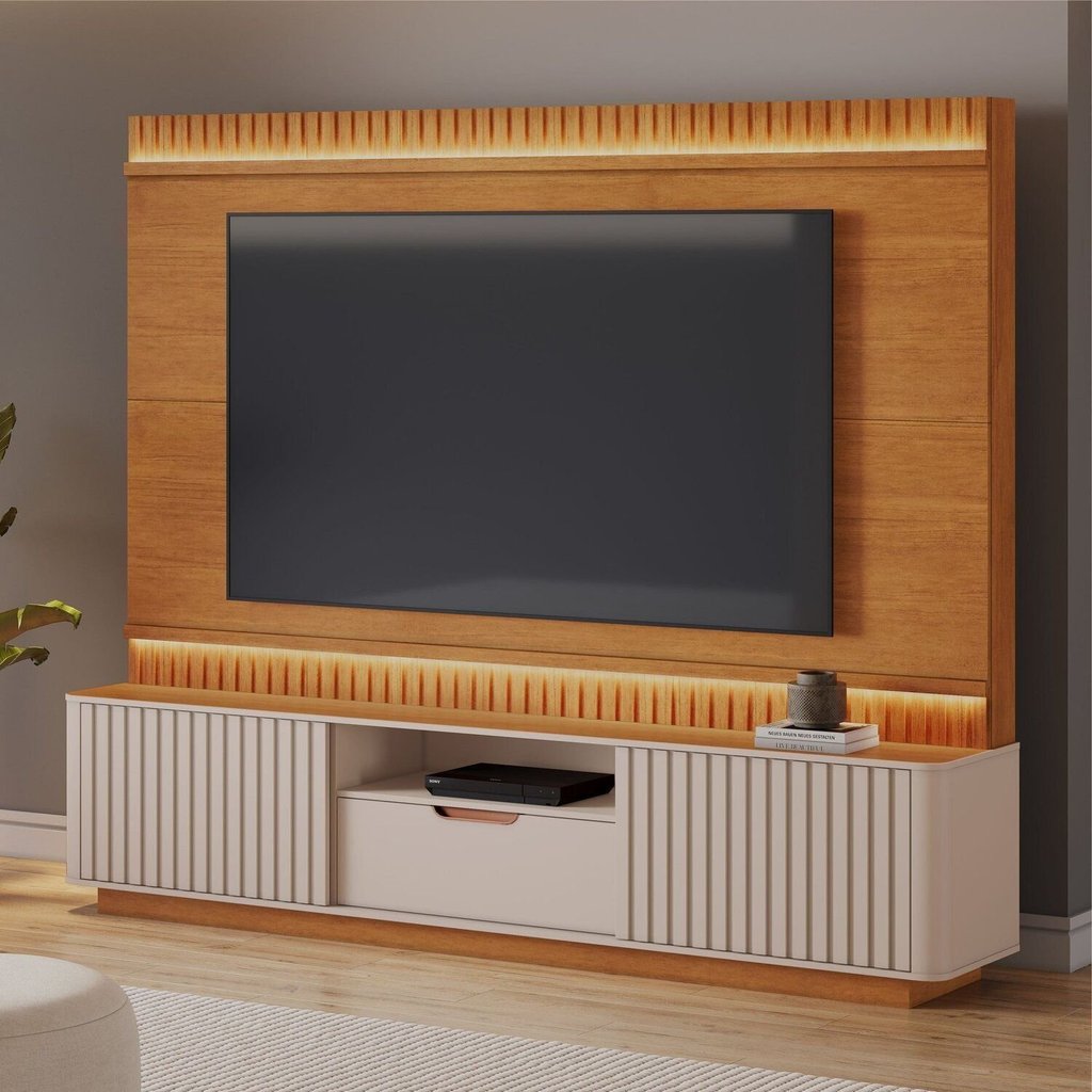 Estante para TV e Home Theater Ripado para TV até 85 Polegadas MDF 210CMX203CM Detalhes Curvos e Rip Cinamomo/Off White