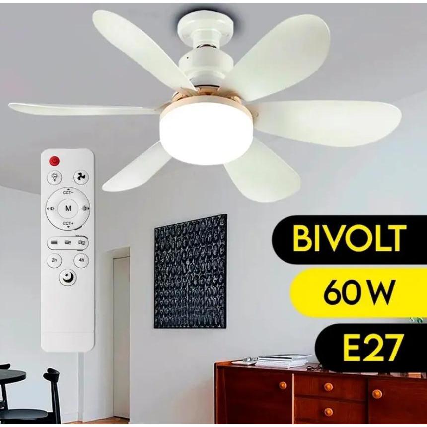 Ventilador de Teto Portátil Lâmpada Controle Remoto Branco  E27 42cm Bivolt 60W