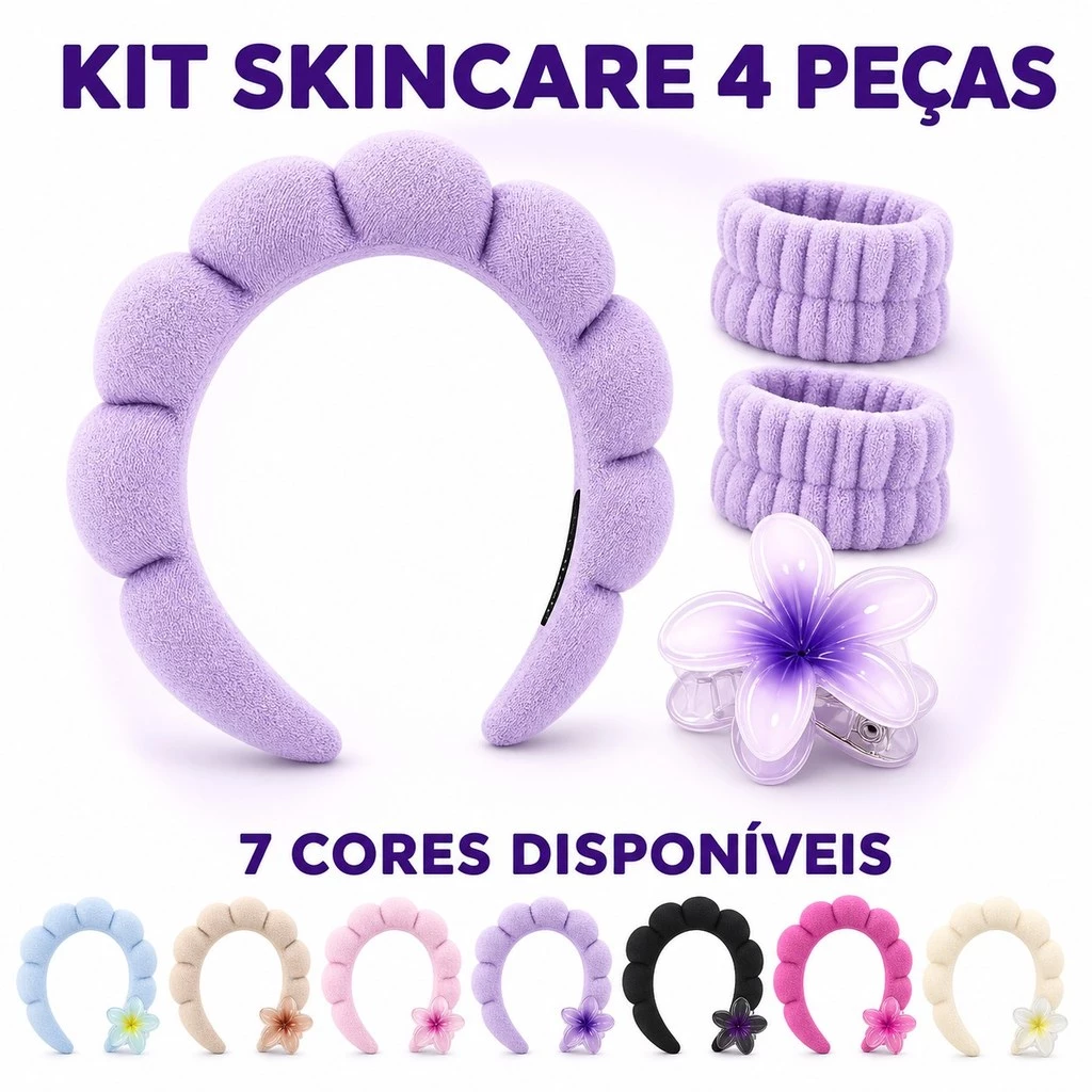 Kit Skincare 4 Peças Tiara Nuvem + 2 Faixas de Pulso Atoalhadas + Presilha de Flor para Maquiagem 7 Cores