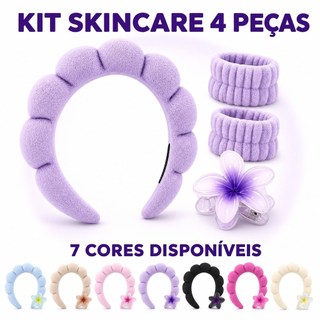 Kit Skincare 4 Peças Tiara Nuvem + 2 Faixas de Pulso Atoalhadas + Presilha de Flor para M…