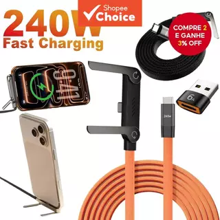 Cabo USB-C para USB-C, Carregamento rápido 240W, Cabo de carregamento com suporte invisível, Cabo US
