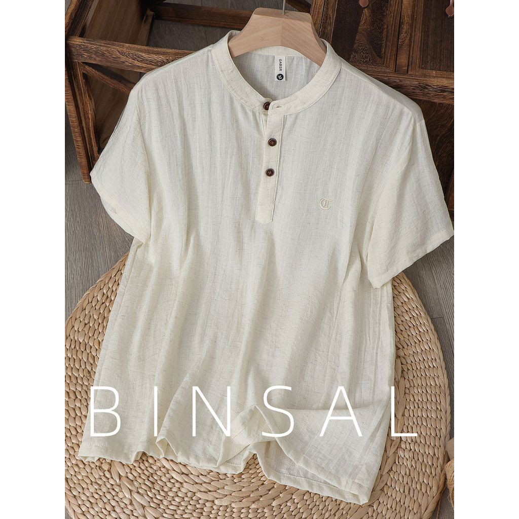 Estilo de dinheiro antigo na moda cor sólida linho em torno do pescoço de manga curta camiseta verão respirável confortá