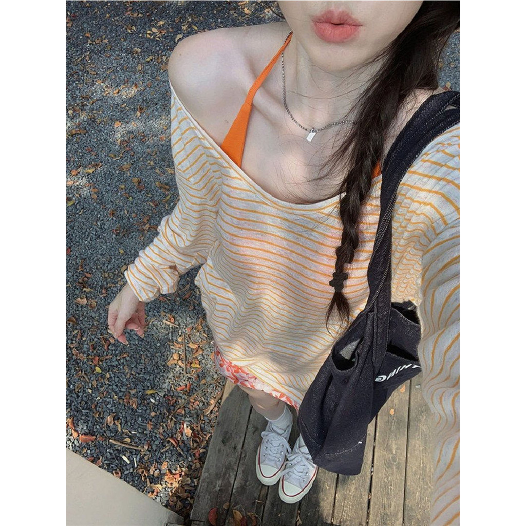Laranja listrado com decote em v manga comprida camiseta feminina verão doce solto respirável protetor solar blusa pregu