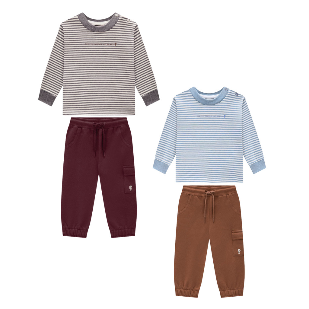 Conjunto Infantil Masculino Camiseta Listrada Fio Tinto E Calça Moletom Felpado